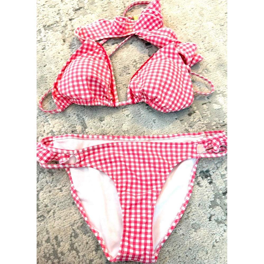 Jessica Simpson pink White Gingham‎ Ruffle Triangle Bikini Set Two Piece large